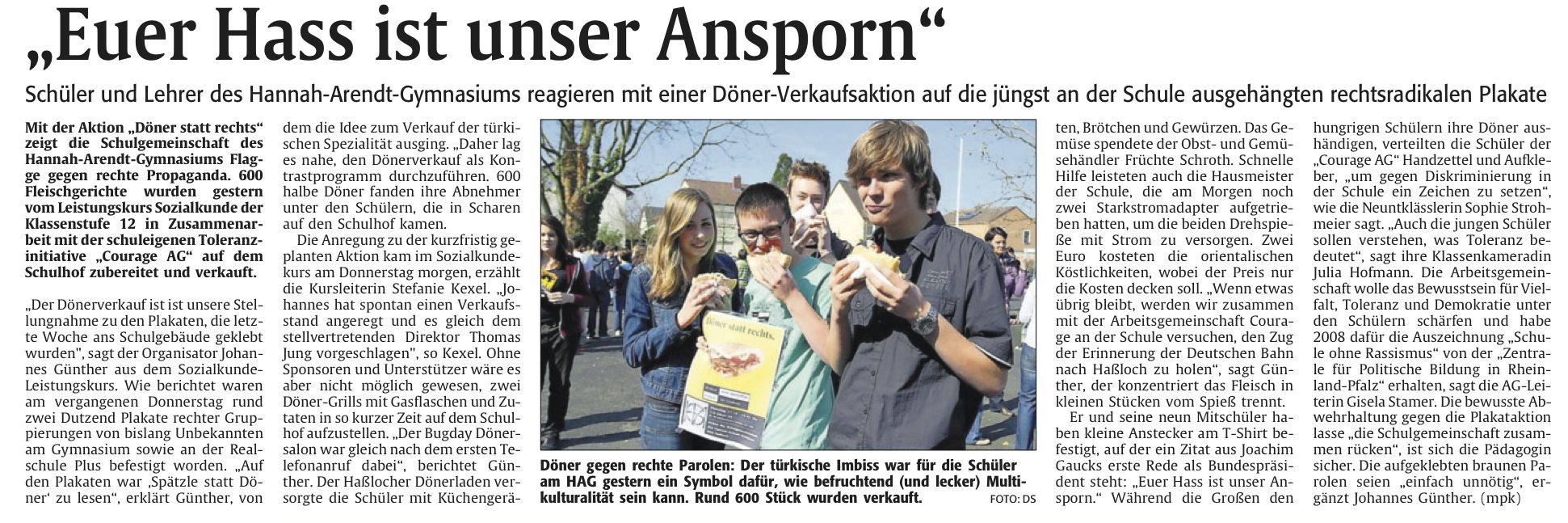 Die Rheinpfalz vom 28.3.2012 - Euer Hass ist unser Ansporn