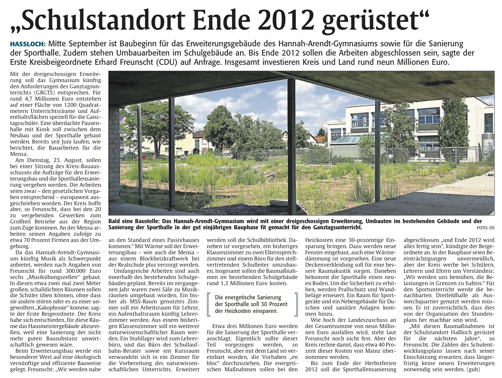 Rheinpfalz am 16.08.2011:  Schulstandort Ende 2012 gerüstet