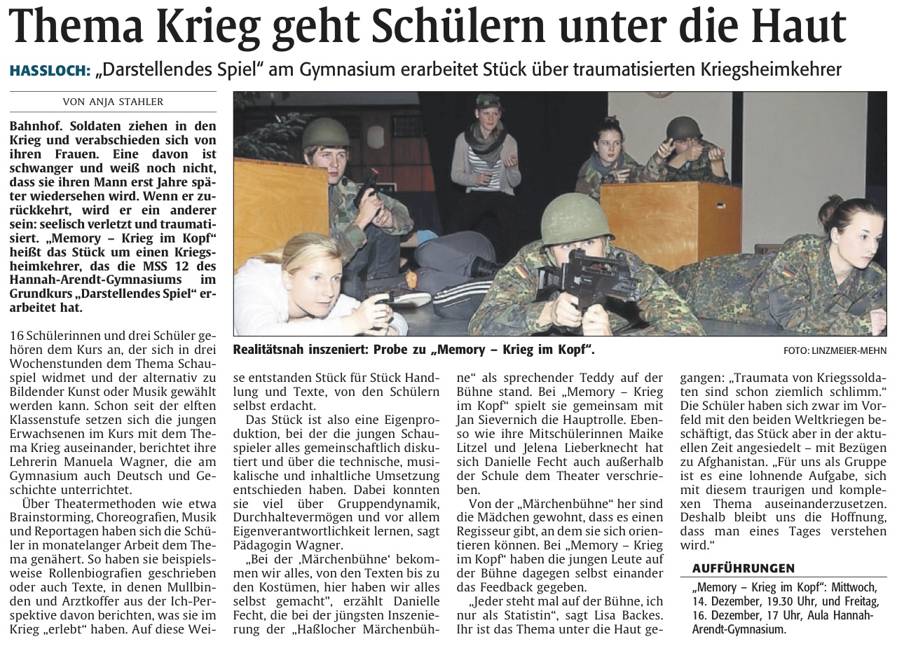 Rheinpfalz am 12.12.2011 - Vorankündigung Theater "Memory - Krieg im Kopf"Schülerdemo wegen Baustopp