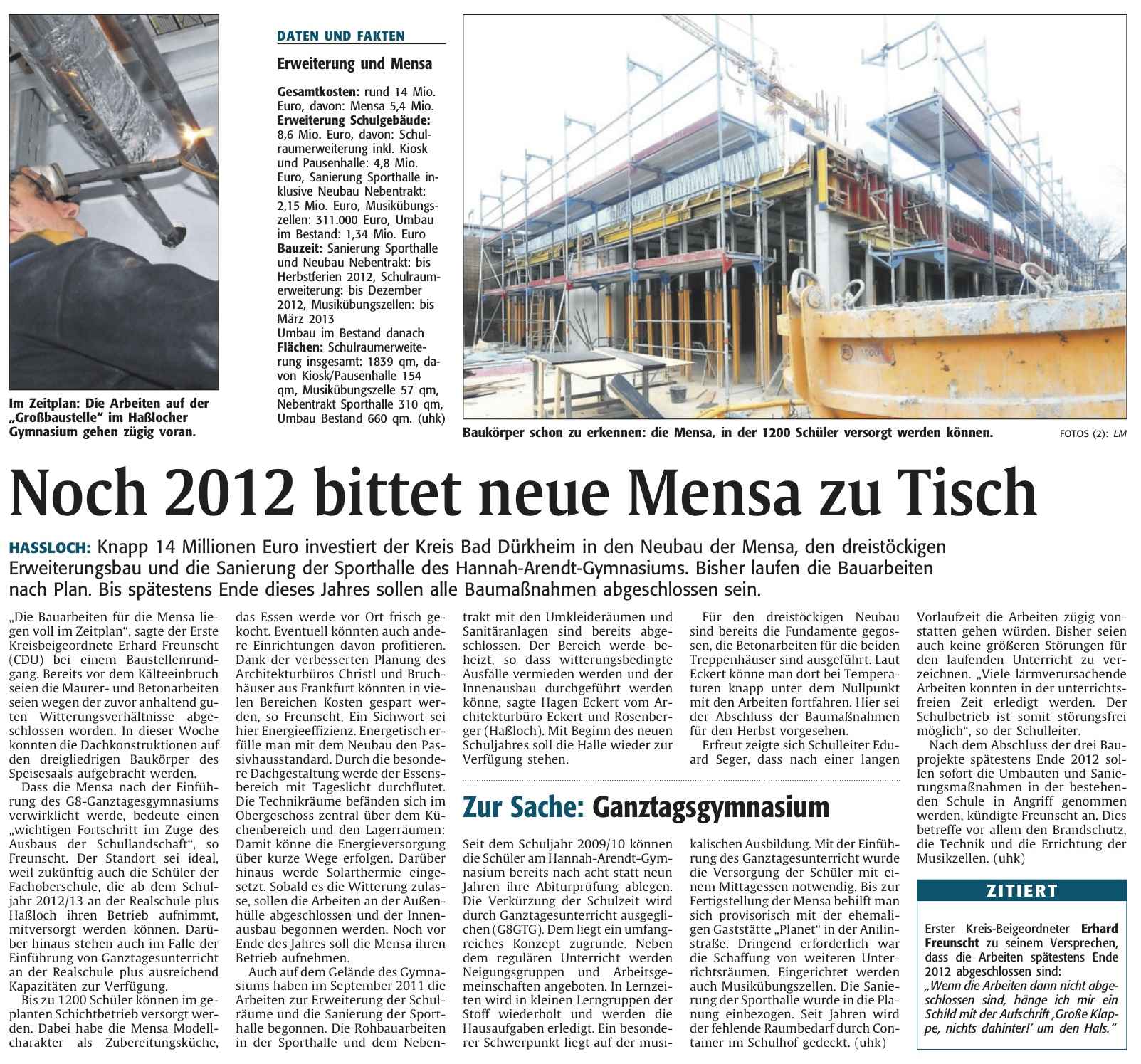 Rheinpfalz zum Stand Mensa-Neubau am 15. Februar 2012