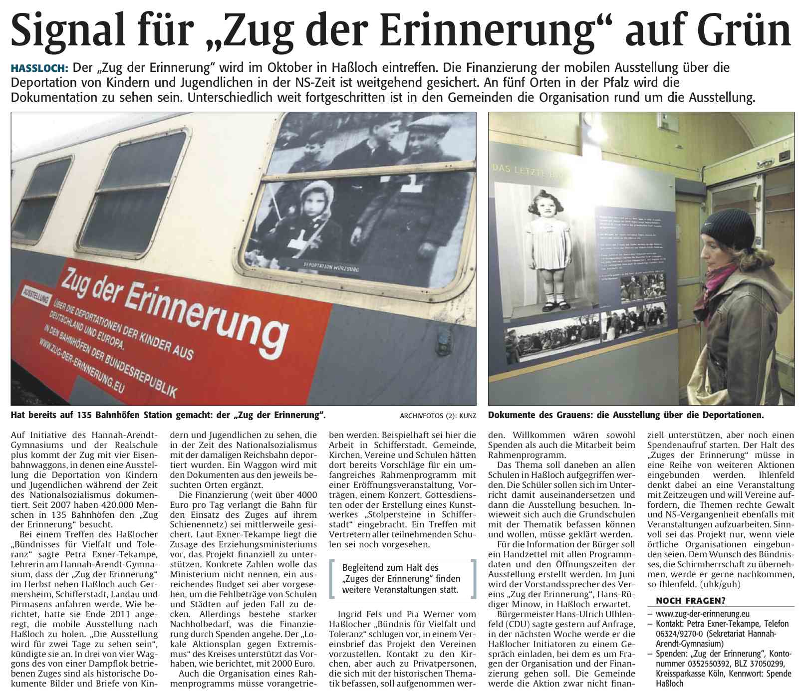 Die Rheinpfalz vom 28.3.2012 - Signal für Zug der Erinnerung auf grün