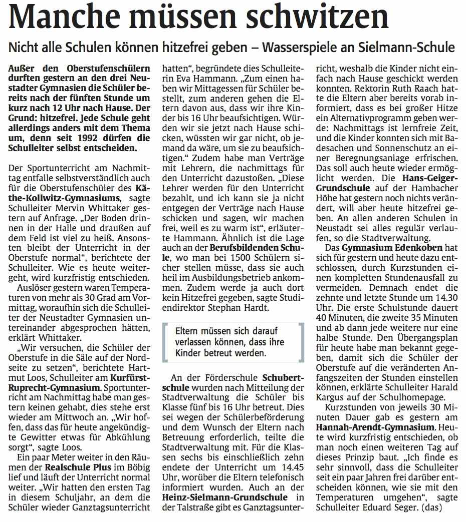 Rheinpfalz vom 21.08.2012 - Manche müssen schwitzen - Hitzefrei an Schulen