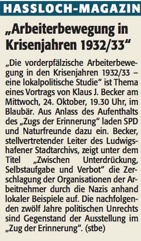 Rheinpfalz vom 22.10.12 - Arbeitsbewegung in den Krisejaren