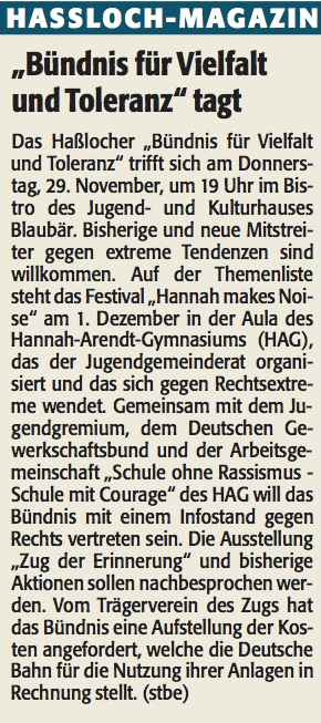 Rheinpfalz vom 21.11.12- Bündnis für Vielfalt und Toleranz tagt
