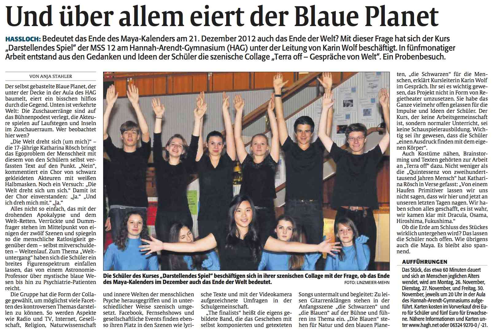 Die Rheinpfalz vom 24.11.2012 - Und über allem schwebt der Blaue Planet