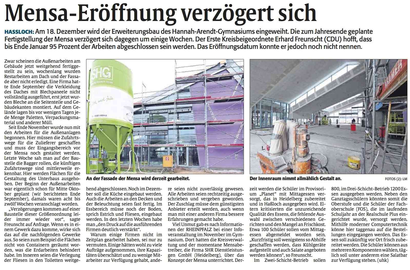 Rheinpfalz vom 08.10.2012 - Mensa-Öffnung verzögert sich - Stand der Bauarbeiten
