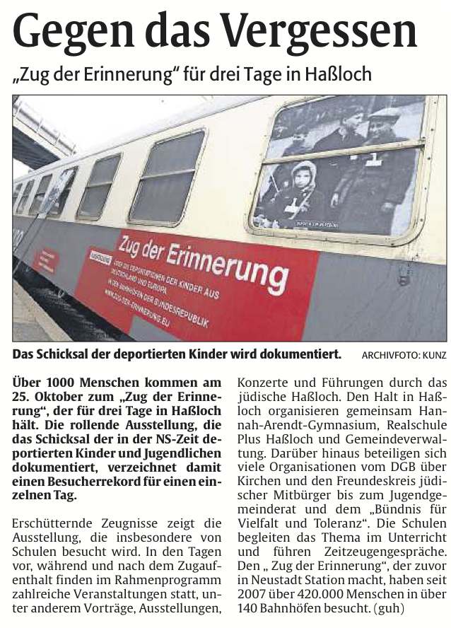 Die Rheinpfalz am 28.12.2012 Gegen das Vergessen  - Jahresrückblick: Zug der Erinnerung