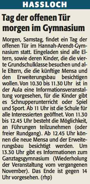 Die Rheinpfalz am 18.01.2013 "Tag der offenen Tür im Gymnasium"