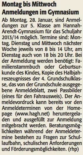 Die Rheinpfalz am 26.01.2013 "Montag bis Mittwoch Anmeldung am Gymnasium"