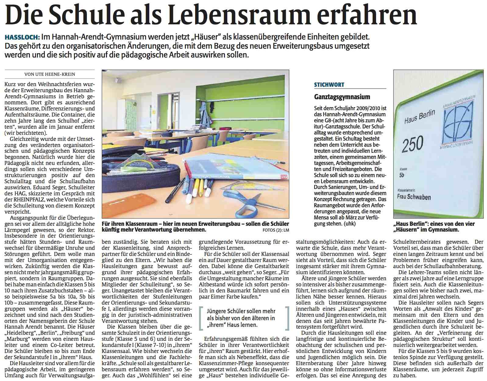 Die Rheinpfalz am 2.2.2013-Die Schule als Lebensraum erfahren