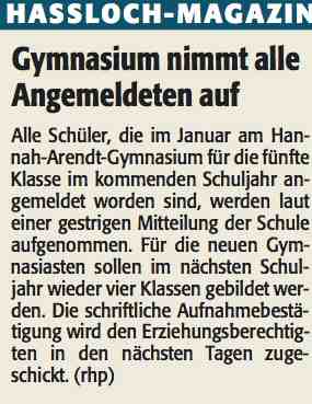 Die Rheinpfalz am 02.02.2013 "Gymnasium nimmt alle Angemeldeten auf"