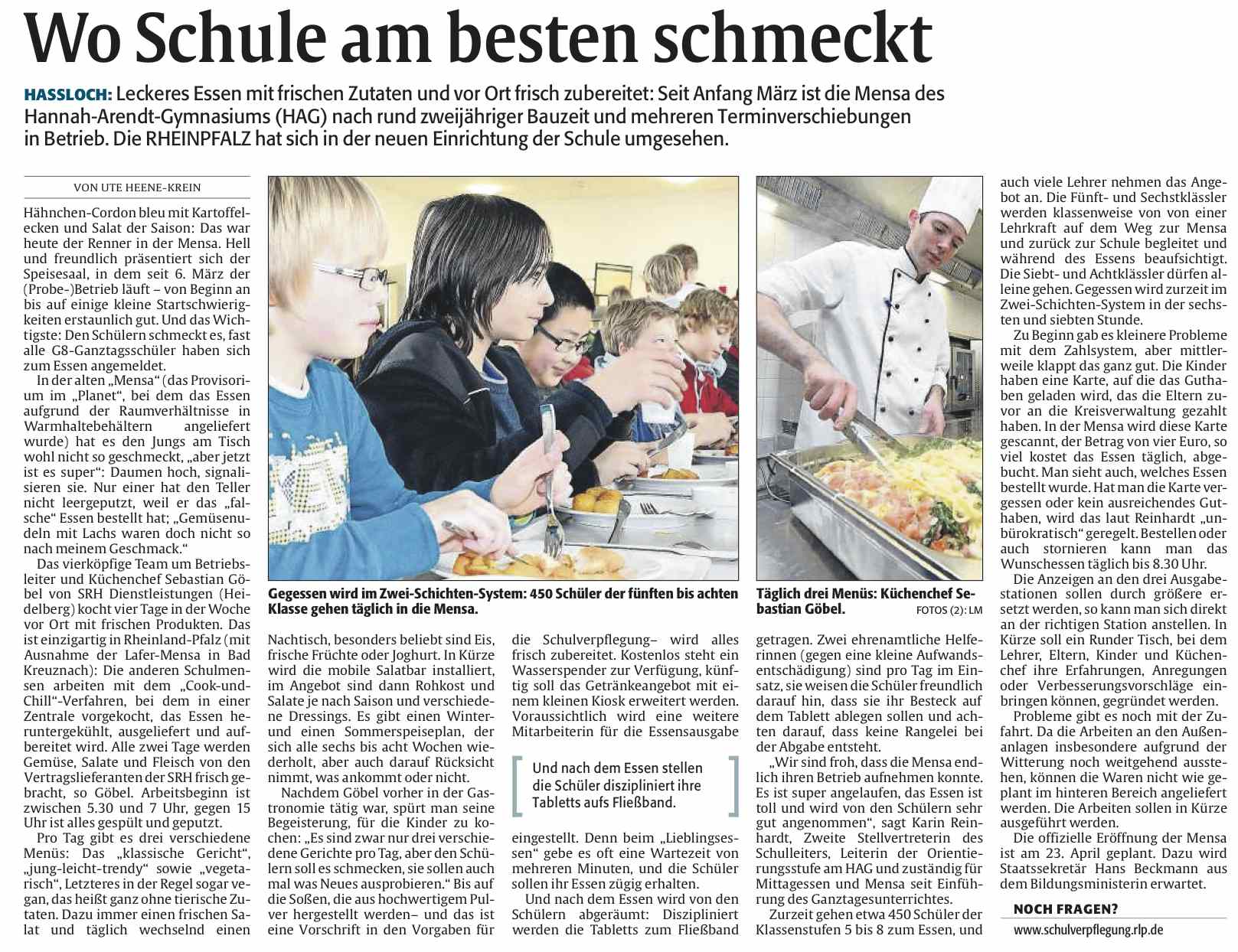 Die Rheinpfalz vom 16. April 2013 - Wo Schule am besten schmeckt