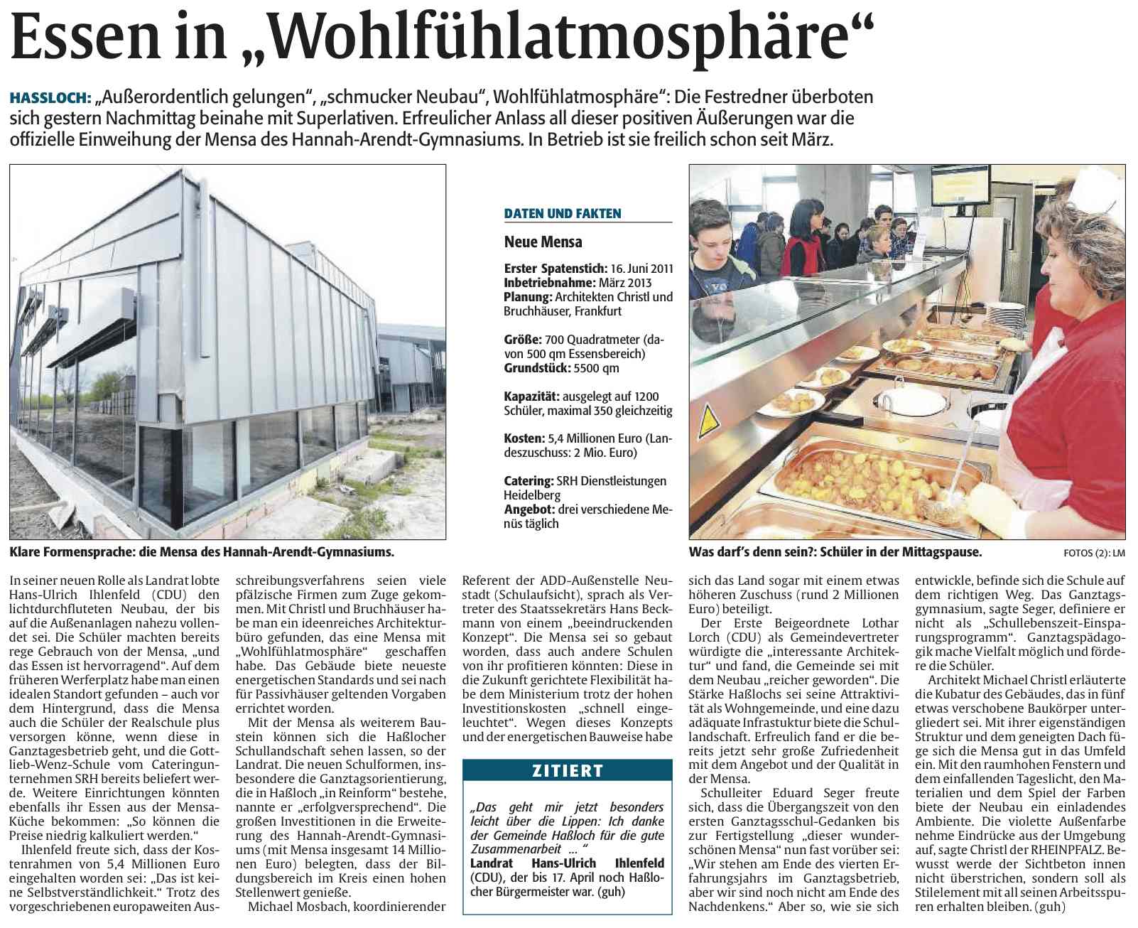 Die Rheinpfalz vom 14. April 2013 - Essen in Wohlfühlatmosphäre