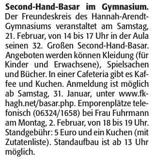 Die Rheinpfalz vom 18.01.2015: Second-Hand-Basar im Gymnasium