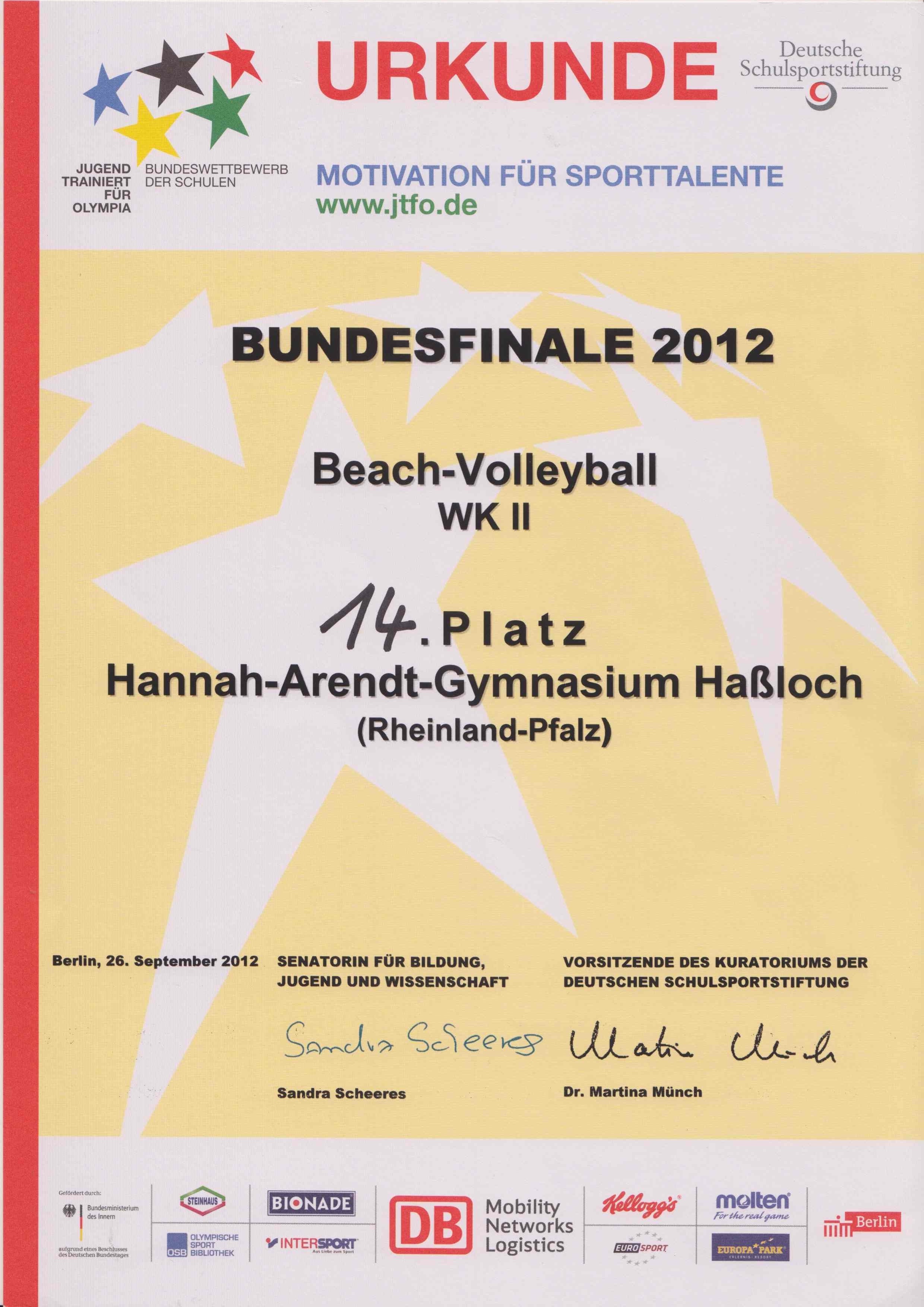 Urkunde JtfO-Bundesfinale 2012 in Berlin Beachvolleyball