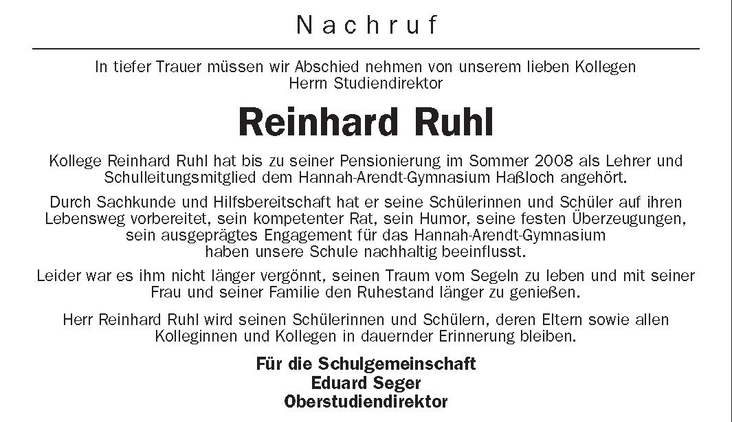 Nachruf Reinhard Ruhl