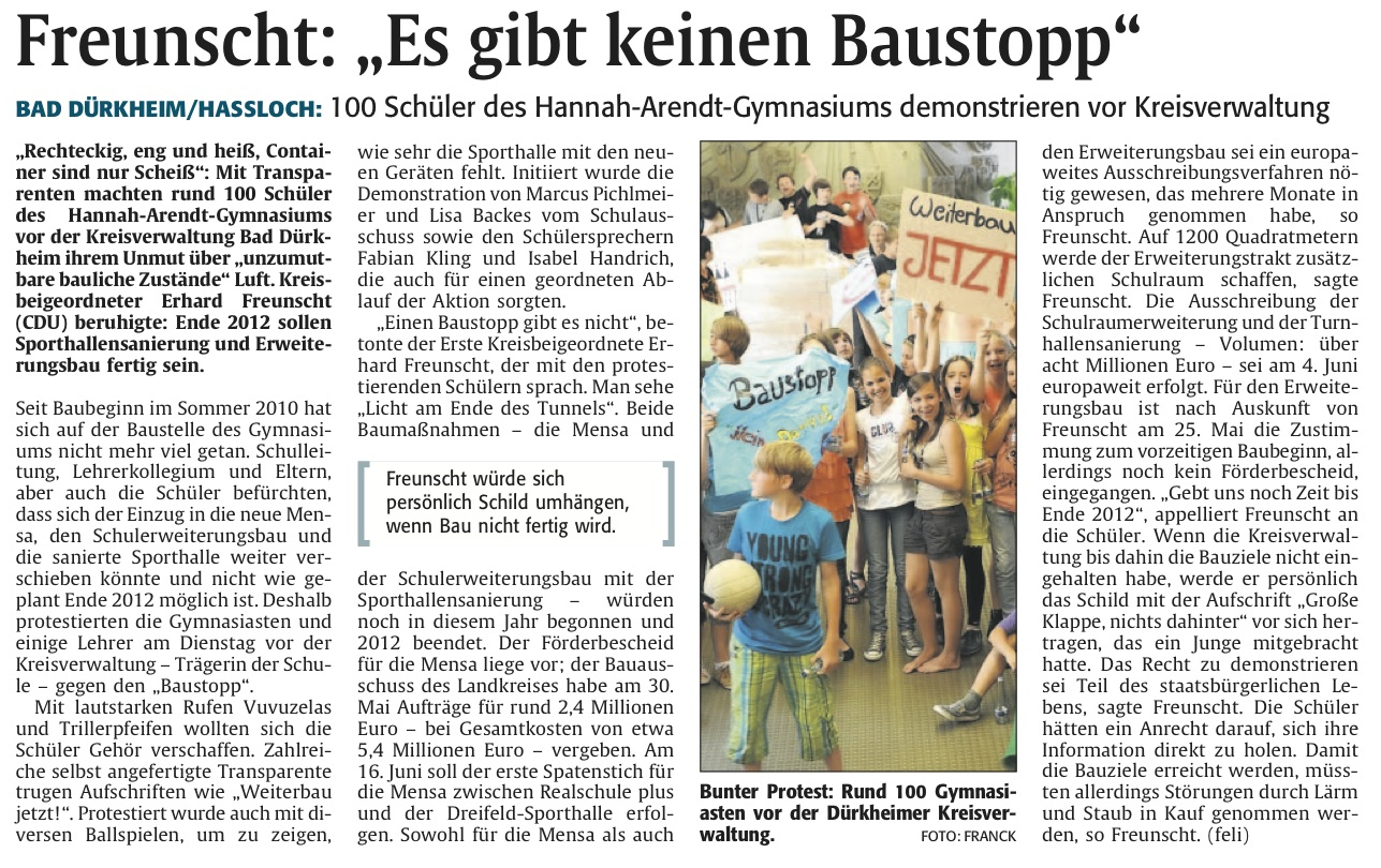Rheinpfalz am 12.06.2011:Freunscht:"Es gibt keinen Baustopp"