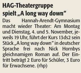HAG-Theatergruppe spielt "A long way down"